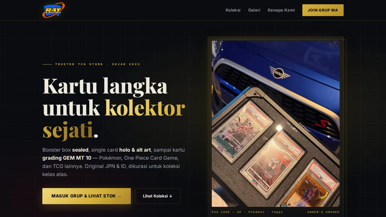 Preview website RayCollectibles.id — toko trading card game premium, koleksi graded PSA GEM MT 10, dark luxury gold
